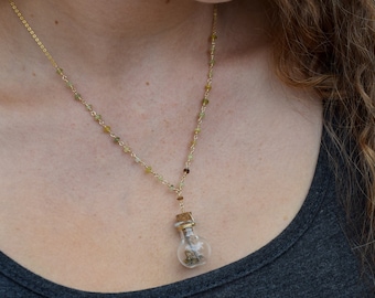 Bottle of Watch Gears Necklace- Green Garnet & 14kt Gold Fill
