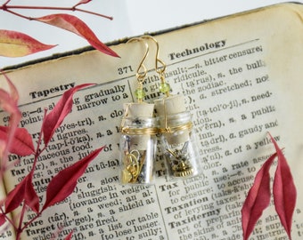Tiny Bottle of Watch Gears Earrings- Vesuvianite & 14kt gold fill