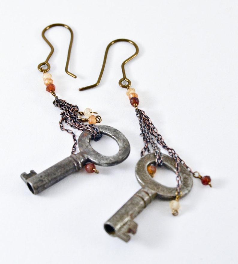 Antique Key Earrings Amber Earrings Key and Amber Earrings Skeleton Key