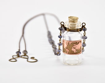 Bottle Necklace- Traveler Bottle- Keepsake Bottle Necklace- Map Necklace- Handmade Necklace- Traveler Jewelry
