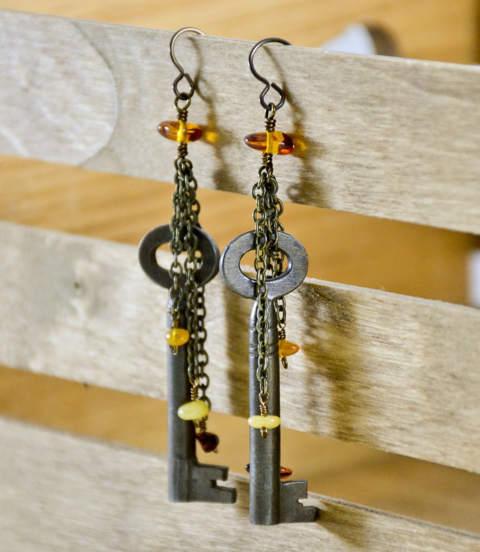 Antique Key Earrings Amber Earrings Key and Amber Earrings Etsy