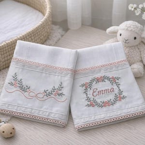 Personalized Embroidered Burp Cloth: 100% Cotton Baby Essential, Floral Design, Soft Pink/Gray