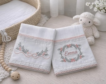 Personalized Embroidered Burp Cloth: 100% Cotton Baby Essential, Floral Design, Soft Pink/Gray
