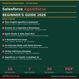 May include: A green and yellow guide titled "Salesforce Agentforce Beginner's Guide 2026." The guide includes topics like Agentforce explained, Einstein AI breakdown, and a 30-day self-study roadmap. It also features 10 interview Q&As.