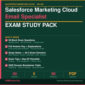 Pode incluir: Um pacote de estudo de exame verde e rosa para Salesforce Marketing Cloud Email Specialist. O pacote inclui 50 perguntas de exame simuladas, notas de estudo, dicas de exame e uma tabela de divisão de domínios. Formato PDF, download instantâneo.
