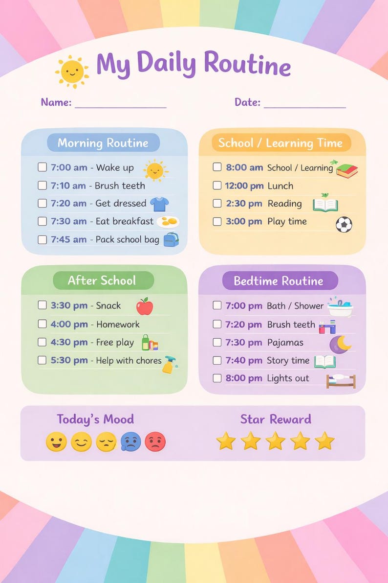 Kids Daily Routine Chart With Time Printable - Etsy