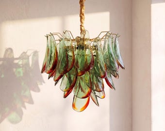 Murano Style Glass Flower Chandelier, Green Orange Petals, Italian Ceiling Light