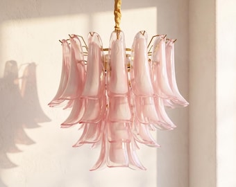 Pink Murano Glass Chandelier – Vintage Petal Ceiling Light, Floral Pendant Lamp