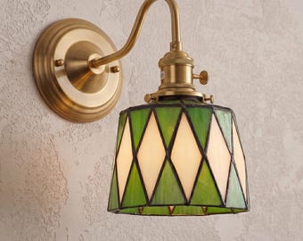 Green Tiffany Style Wall Sconce, Vintage Copper Wall Lamp, Stained Glass Bedroom Light, Industrial Wall Lighting, Rustic Hallway Decor
