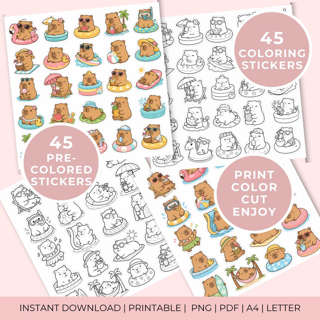 Capybara Printable Stickers Bundle, Kids Craft Activity, Instant ...