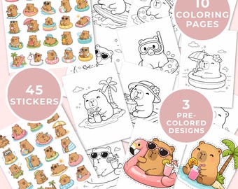 Paquete de pegatinas y páginas para colorear de la fiesta de verano de Capybara (descarga en PDF)