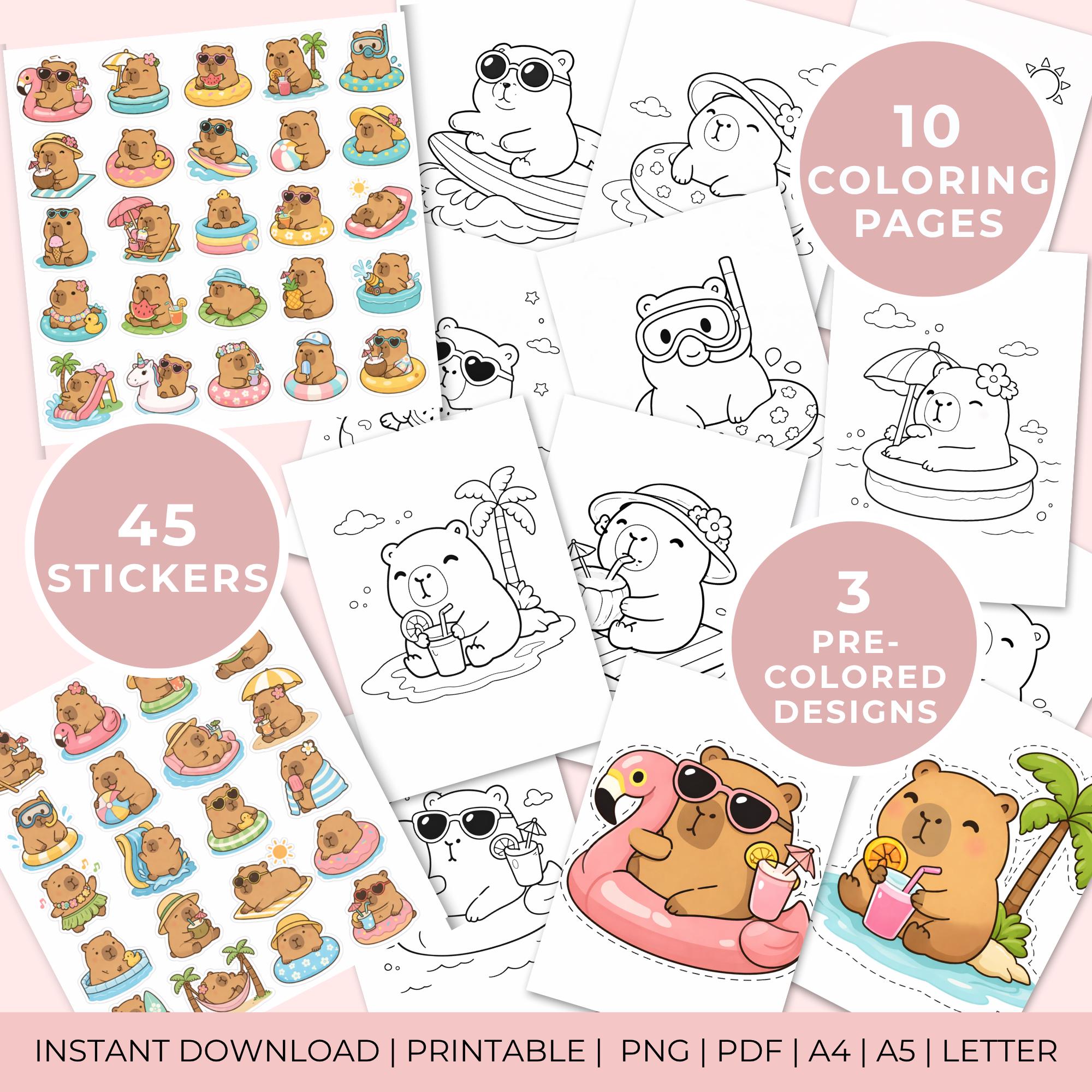 Capybara Stickers and Coloring Pages Bundle (PDF Download) - Etsy
