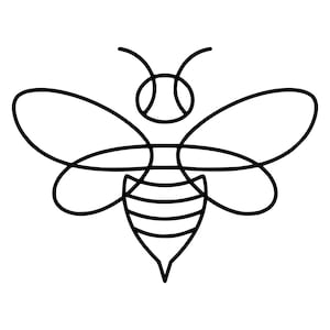 May include: A minimalist line drawing of a bee. The black outline depicts the bee's body, wings, and antennae against a white background. The design is simple and elegant, suitable for various applications.