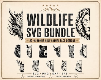 Wildlife Animal Face SVG Bundle Half Face Wolf Lion Tiger PNG