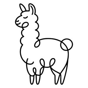 May include: A minimalist black line drawing of a llama. The llama is depicted in a continuous line, with a curved neck, closed eyes, and a small, rounded tail. The design is simple and modern.