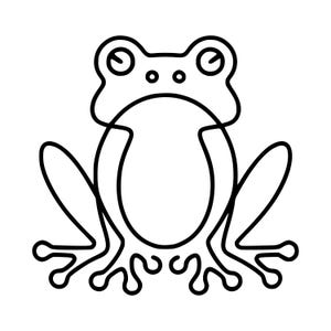 May include: A black and white line drawing of a frog. The frog is depicted in a simple, minimalist style, with a rounded body, large eyes, and webbed feet. The outline is thick and bold, creating a clear and distinct image.