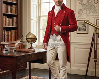 Regency Tailcoat Vest Pant Set Mens Red Wool Victorian Suit Historical Reenactment Costume Bridgerton Cosplay 19th Century Groom Outfit