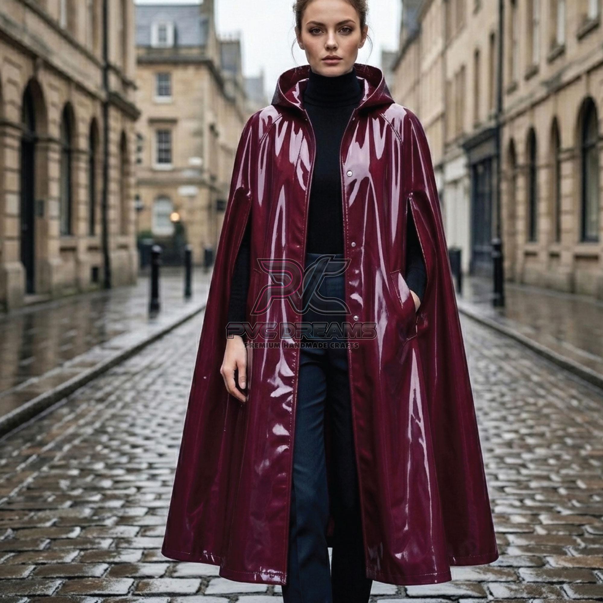 Purple PVC Rain Cape - Waterproof Glossy Hooded Poncho - Vinyl