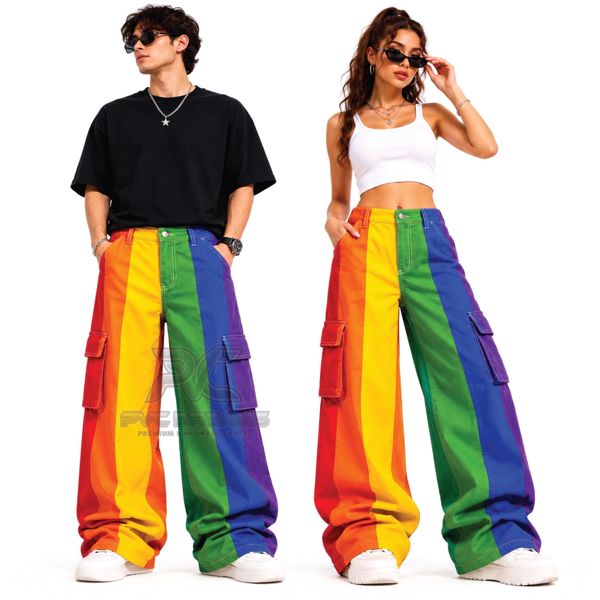 Rainbow Pride Cargo Pants Wide Leg Colorful Striped Techwear