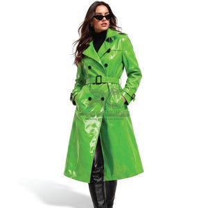 Grüner Patent Longline Trench - Hochglanz-PVC-Statement-Mantel für Frauen - Flüssige Look Matrix Style Jacke - PVC-Trenchcoat