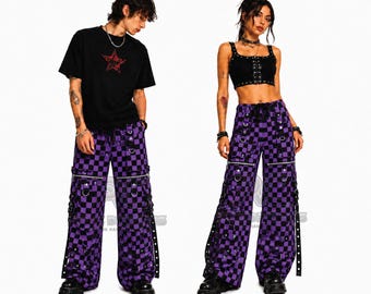 Schwarz Lila Schachbrett Cargohose, Gothic Rave Hose, Streetwear Hose mit weitem Bein, Punk Baggyhose, Unisex Alternative Kleidung