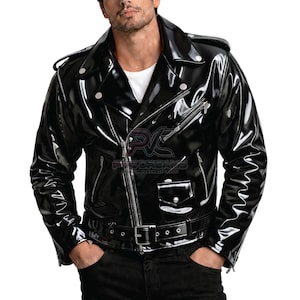 Chaqueta de motorista unisex de vinilo PVC con acabado brillante efecto mojado para hombre y mujer. Diseño moderno y llamativo. Disponible en 7 colores: negro, rojo, azul, rosa, morado, verde y blanco.
