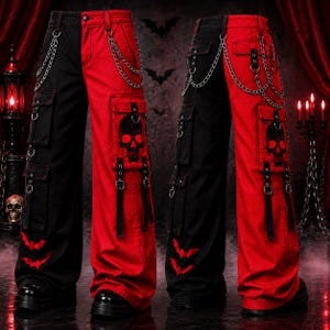 May include: Split-color black and red cargo pants featuring a skull graphic on the left thigh pocket, multiple side pockets with straps, silver-tone metal chains attached to the waist, and red bat silhouettes embroidered near the bottom hem.