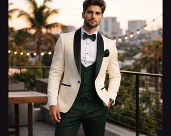 Men's Ivory Emerald Green 3-Piece Tuxedo Suit, Slim Fit Wedding Groom Prom Dinner Jacket