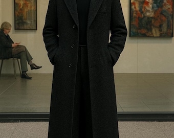MEN’s Black tweed Wool overcoat-Custom Tailored, Minimalist Long Coat