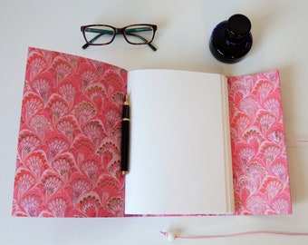 Pink Leather Journal lined with Feather Marble Paper