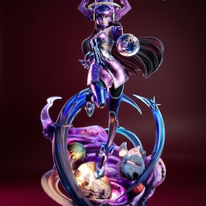 May include: A detailed figurine of a female character in a futuristic outfit, predominantly purple and silver, with a headpiece and shield. The figure is posed dynamically on a swirling, translucent base with planetary elements. The Sigma One logo is visible.