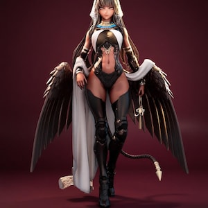 May include: A detailed 3D render of a female figure with Anubis-inspired features. She wears a black and white outfit, black wings, and a tail. The figure has a headdress and holds a pendant. The background is a deep red.