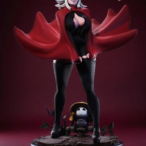 Puede incluir: Figura detallada de una mujer con cabello blanco y capa roja, vestida con un atuendo negro. La figura se encuentra sobre una base con un pequeño personaje sentado en un banco. El logotipo de SigmaB One es visible en la esquina superior derecha.