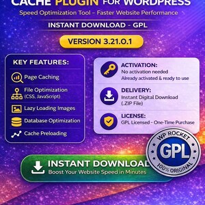 WP Rocket 3.21.0.1 WordPress Cache Plugin – Speed Optimization Tool (Digital Download)