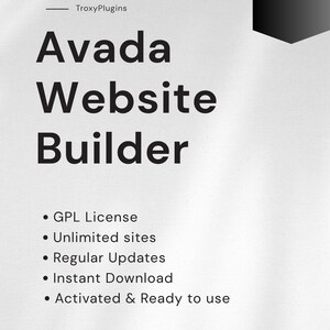 May include: A white background with the text "Avada Website Builder" in large, bold, black letters. Below, bullet points list features: GPL License, Unlimited sites, Regular Updates, Instant Download, and Activated & Ready to use. The top right corner has a black shape with "Latest Version".