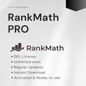 Op de afbeelding: Een promotionele afbeelding voor RankMath PRO, met de tekst "RankMath PRO" in vette zwarte letters. Daaronder het RankMath-logo en opsommingstekens met functies zoals GPL-licentie, onbeperkte sites en direct downloaden. De woorden "Latest Version" verschijnen in een zwart kader.