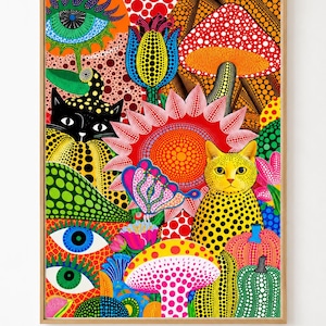 Yayoi Kusama svampposter, färgglad prickig väggkonst, japansk popkonsttryck, maximalistisk galleridekor