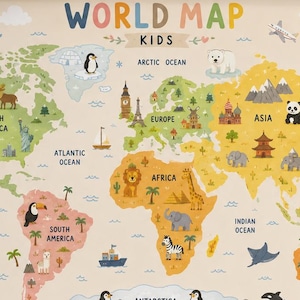 May include: A rectangular wall poster titled WORLD MAP KIDS featuring a colourful illustrated map of the world. The continents are colour-coded with various animals, landmarks, and ocean creatures depicted across the landmasses and oceans.