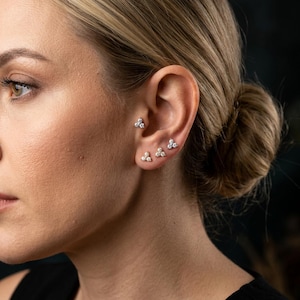 May include: Four silver-toned stud earrings, each featuring a cluster of three small, clear, round-cut stones arranged in a triangular shape. One earring is placed in the upper cartilage, while three are positioned along the earlobe.