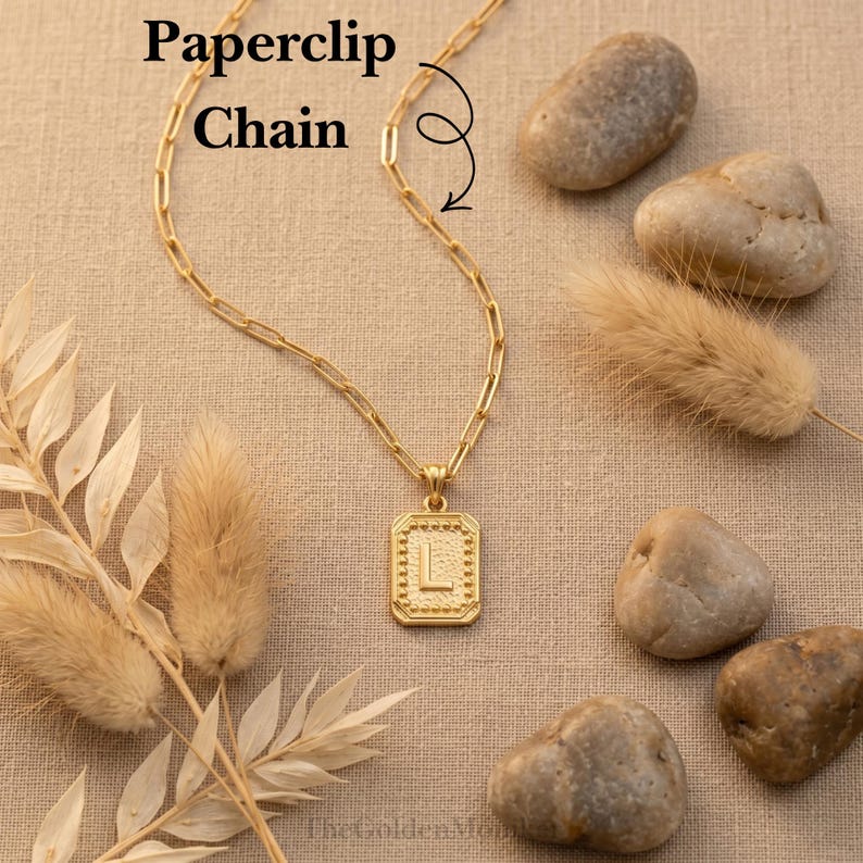 May include: A gold-colored paperclip chain necklace with a rectangular pendant featuring the letter "L". The pendant is surrounded by a dotted border. The image includes decorative elements like stones and dried plants.