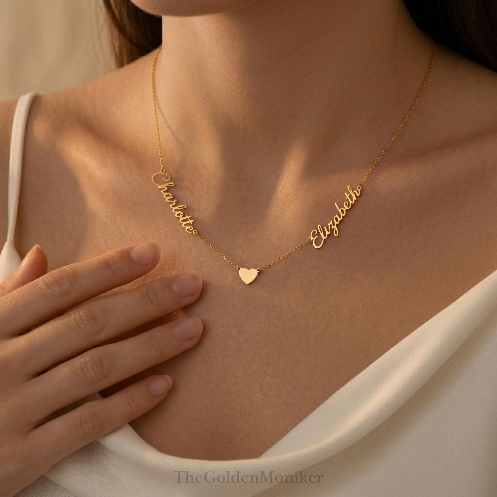 Personalized Double Name Necklace with Heart, Custom Two Names…