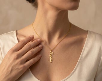 Vertical name necklace, summer necklace, summer jewelry, 18k solid gold custom nameplate, personalized everyday necklace MB1880