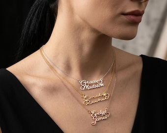 18K Solid Gold Two Name Heart Necklace, Personalized Couple Pendant, Custom Engraved Name Jewelry, Romantic Summer Anniversary Gift