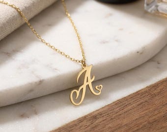 18K Solid Gold Herz Anfangshalskette, Benutzerdefinierter Briefanhänger, Minimalistische Sommerhalskette, personalisierter Namensanhänger, zierliches Brautjungfergeschenk