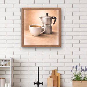 Coffee Wall Art Printable, Vintage Coffee Kitchen Decor, Moka Pot and Cup Print, Cozy Coffee Bar Poster, Coffee Art Prints