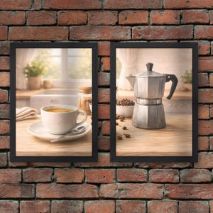 Coffee Wall Art Set of 2 Printable, Vintage Coffee Kitchen Decor, Moka Pot and Cup Diptych Print, Cozy Coffee Bar Wall Art, Digital Download