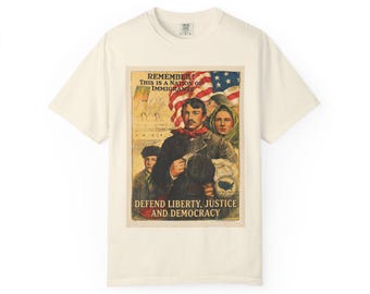 Verdedig de Rechtvaardigheid en de Democratie van de Vrijheid T Shirt | Thema patriottisch vintage immigrant