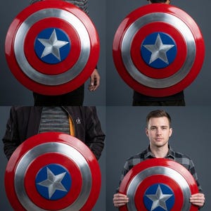 May include: A circular shield in the style of Captain America, featuring a red outer ring, a silver inner ring, and a blue central disc with a white star. The shield is a prop.