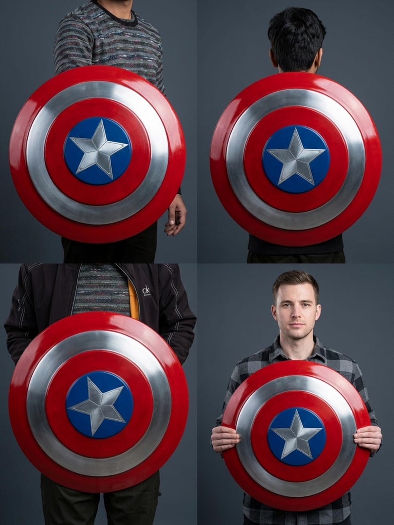 May include: A circular shield in the style of Captain America, featuring a red outer ring, a silver inner ring, and a blue central disc with a white star. The shield is a prop.