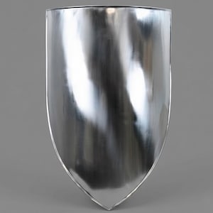May include: A polished, silver shield with a rounded top and a pointed base. The shield has a smooth, reflective surface, and is designed in a classic, medieval style. The shield is likely made of metal and is suitable for display or costume use.